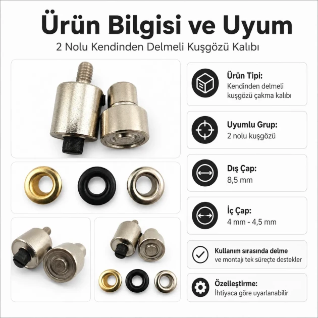 2 Nolu Kuşgözü Kalıbı 4 mm - 4,5 mm Kendinden Delmeli Kuşgözü Çakma Kalıbı, kumaşlar için pratik montaj çözümü