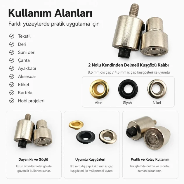 2 Nolu Kuşgözü Kalıbı 4 mm - 4,5 mm Kendinden Delmeli Kuşgözü Çakma Kalıbı, kumaşlar için pratik montaj çözümü