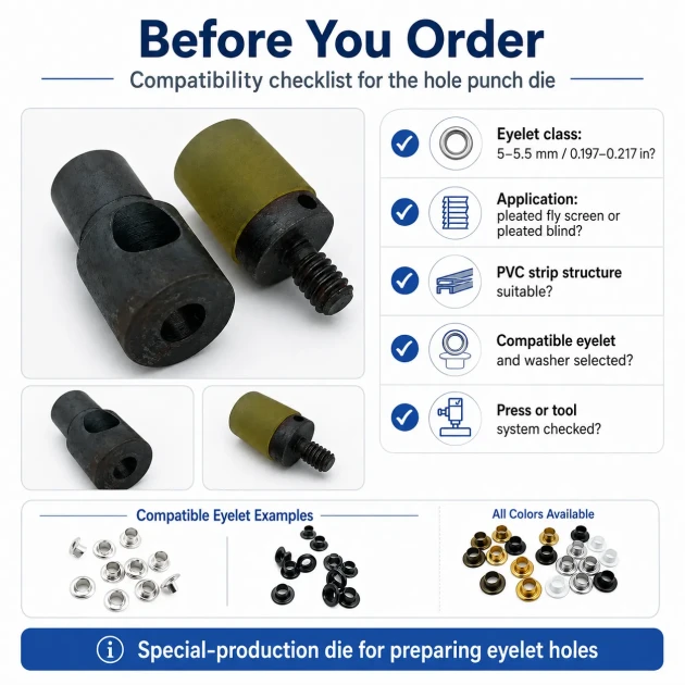 Custom 5 mm / 0.197 in Hole-Punch Die for 5–5.5 mm / 0.197–0.217 in Pleated Screen Eyelets, ideal for fabric, leather, and