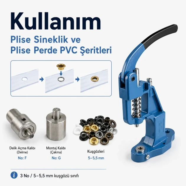 3 No Plise Sineklik Kuşgözü Montaj ve 5 mm Delik Açma Kalıbı El Presli Makineli Başlangıç Seti