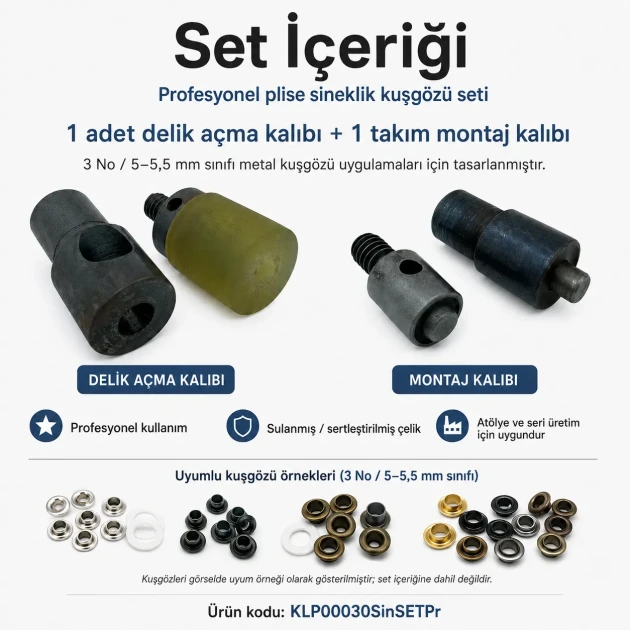 3 No / 5–5,5 mm Plise Sineklik Kuşgözü Delme ve Montaj Kalıbı Profesyonel Seti, PVC şeritler için kuşgözü montaj kalıbı