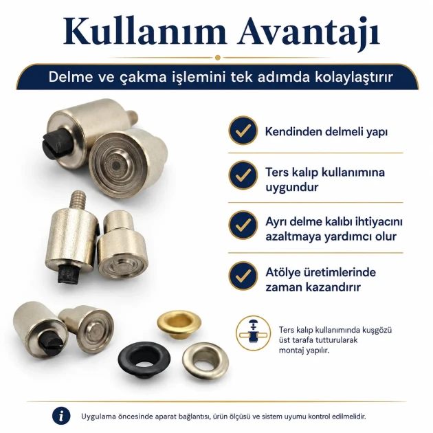 3 Nolu Kuşgözü Kalıbı 5 mm Kendinden Delmeli Ters Kuşgözü Çakma Kalıbı, kumaşlar için pratik kuşgözü montaj çözümü