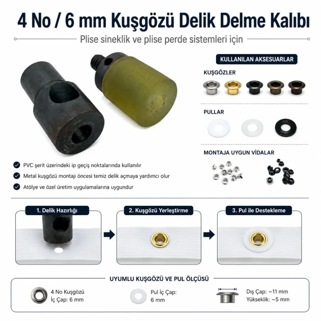 Custom 6 mm / 0.236 in Hole-Punch Die for Pleated Screen Eyelets, compatible with 6–6.5 mm / 0.236–0.256 in inner diameter