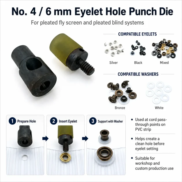 Custom 6 mm / 0.236 in Hole-Punch Die for Pleated Screen Eyelets, compatible with 6–6.5 mm / 0.236–0.256 in inner diameter