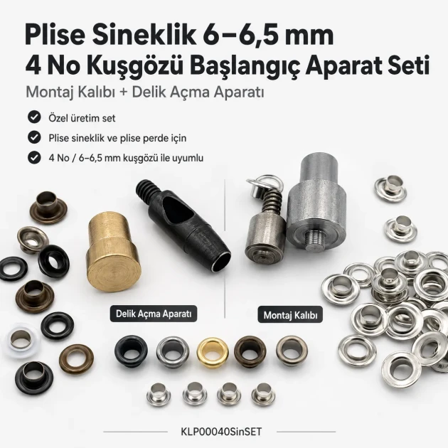 4 No 6 mm Plise Sineklik Kuşgözü Montaj ve 6 mm Delik Açma Kalıbı Başlangıç Seti, kumaş, deri ve suni deri için uygun delik