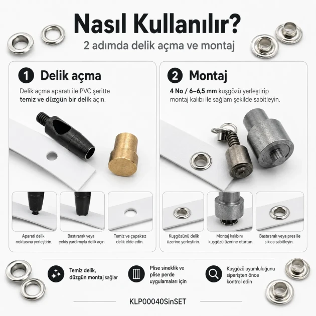 4 No 6 mm Plise Sineklik Kuşgözü Montaj ve 6 mm Delik Açma Kalıbı Başlangıç Seti, kumaş, deri ve suni deri için uygun delik