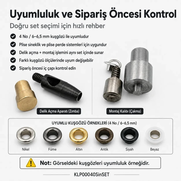 4 No 6 mm Plise Sineklik Kuşgözü Montaj ve 6 mm Delik Açma Kalıbı Başlangıç Seti, kumaş, deri ve suni deri için uygun delik