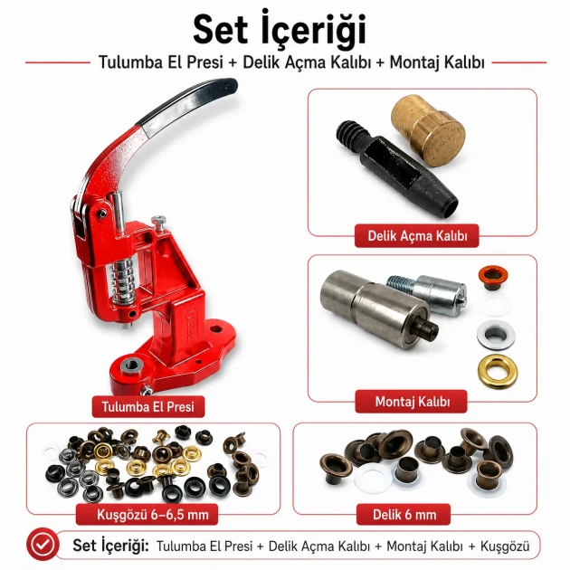 4 No Plise Sineklik Kuşgözü Montaj ve 6 mm Delik Açma Kalıbı Tulumba El Presli Makineli Başlangıç Seti