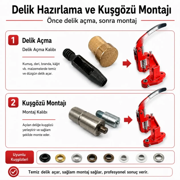 4 No Plise Sineklik Kuşgözü Montaj ve 6 mm Delik Açma Kalıbı Tulumba El Presli Makineli Başlangıç Seti