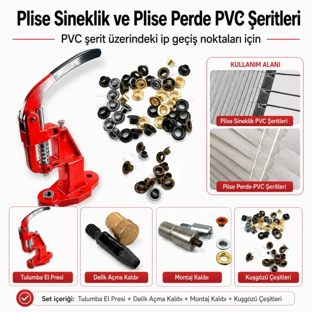 4 No Plise Sineklik Kuşgözü Montaj ve 6 mm Delik Açma Kalıbı Tulumba El Presli Makineli Başlangıç Seti