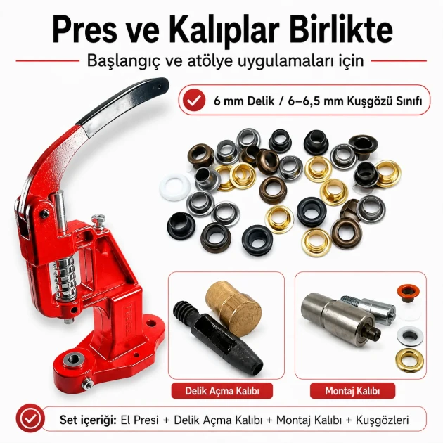 4 No Plise Sineklik Kuşgözü Montaj ve 6 mm Delik Açma Kalıbı Tulumba El Presli Makineli Başlangıç Seti