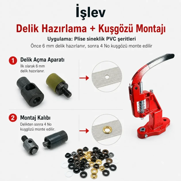 4 No Plise Sineklik Kuşgözü Delme ve Montaj Kalıbı Tulumba El Presli Makineli Profesyonel Seti, 6 mm çapında delik açma ve