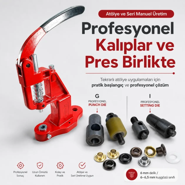 4 No Plise Sineklik Kuşgözü Delme ve Montaj Kalıbı Tulumba El Presli Makineli Profesyonel Seti, 6 mm çapında delik açma ve