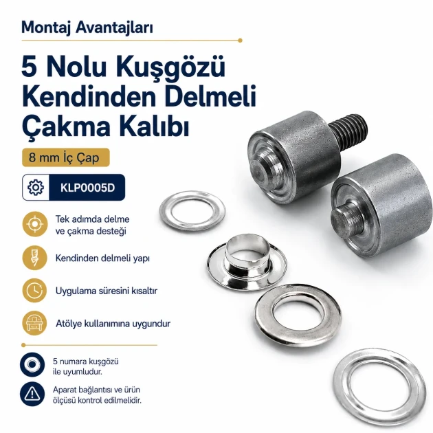 5 Nolu Kendinden Delmeli Kuşgözü Çakma Kalıbı 8 mm İç Çap, kumaş montajı için ideal