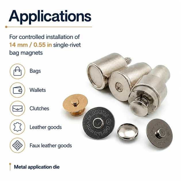 Magnetic Bag Snap Setting Die for 14 mm / 0.55 in Single-Prong-Side Bag Snaps, Durable Metal Construction for Precise