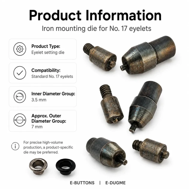 Eyelet Setting Die for 3.5 mm / 0.14 in Inner Diameter Eyelets, suitable for 7 mm eyelets, includes top and bottom molds for