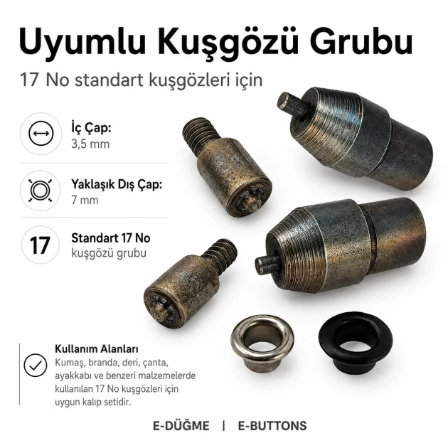 Eyelet Setting Die for 3.5 mm / 0.14 in Inner Diameter Eyelets, suitable for 7 mm eyelets, includes top and bottom molds for