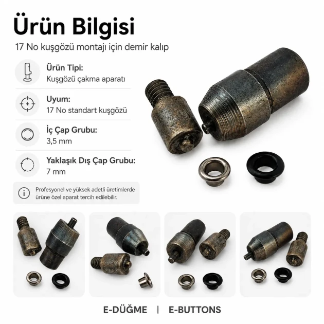 Eyelet Setting Die for 3.5 mm / 0.14 in Inner Diameter Eyelets, suitable for 7 mm eyelets, includes top and bottom molds for