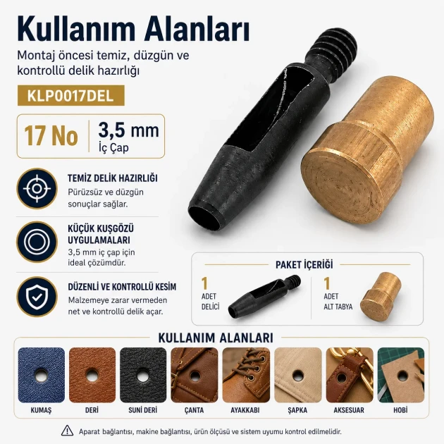 Eyelet Drilling Die 3.5 mm / 0.14 in KLP0017DEL for precise installation of small grommets in fabric, leather, and paper