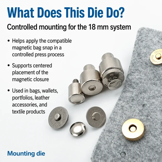 18 mm Single Cap Magnetic Bag Snap Setting Die for precise installation of bag magnets, made of durable metal