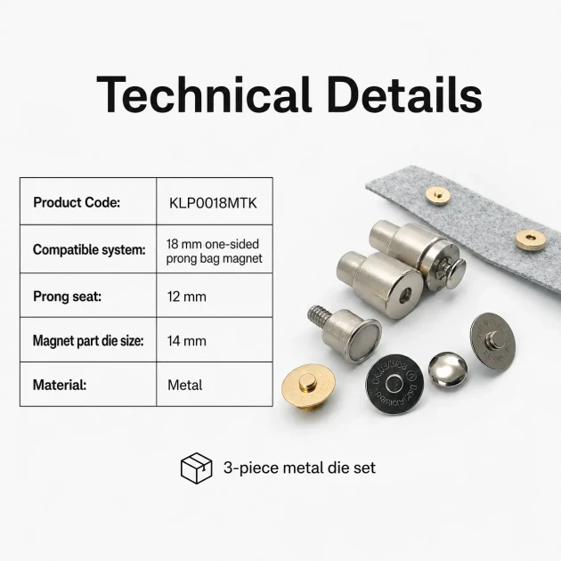 18 mm Single Cap Magnetic Bag Snap Setting Die for precise installation of bag magnets, made of durable metal