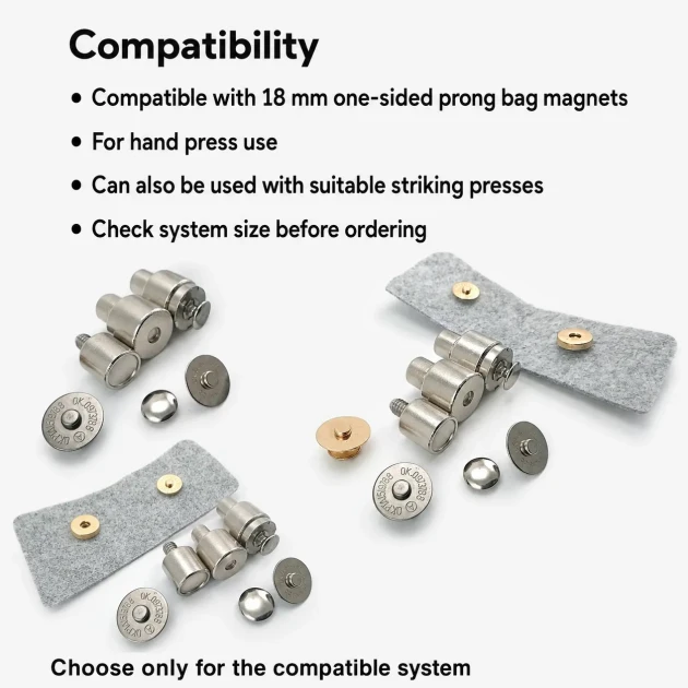 18 mm Single Cap Magnetic Bag Snap Setting Die for precise installation of bag magnets, made of durable metal
