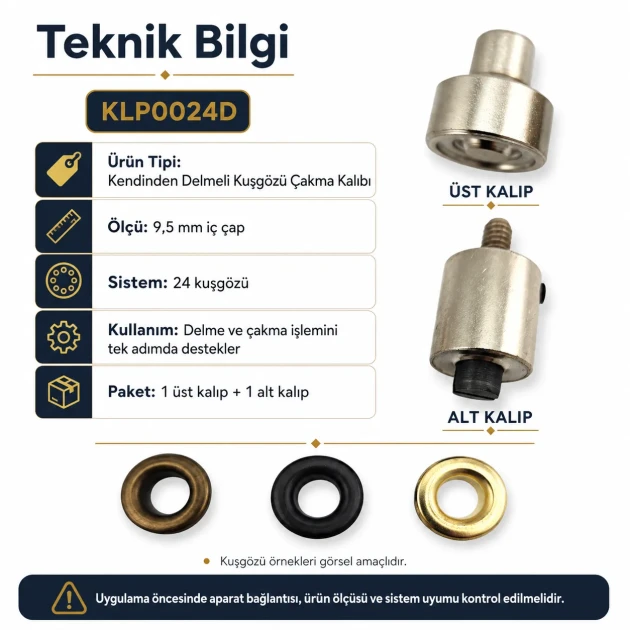 24 Kuşgözü Kalıbı 9,5 mm İç Çap Kendinden Delmeli Kuşgözü Çakma Kalıbı KLP0024D ile kumaşlara kuşgözü montajı