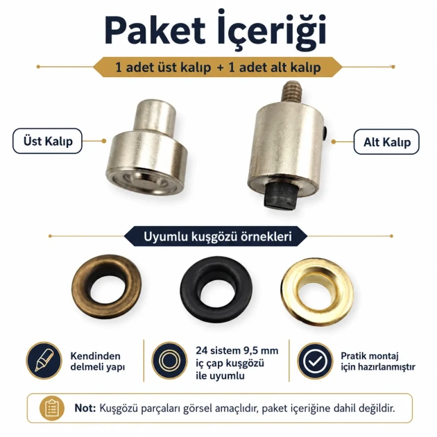 24 Kuşgözü Kalıbı 9,5 mm İç Çap Kendinden Delmeli Kuşgözü Çakma Kalıbı KLP0024D ile kumaşlara kuşgözü montajı