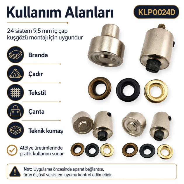 24 Kuşgözü Kalıbı 9,5 mm İç Çap Kendinden Delmeli Kuşgözü Çakma Kalıbı KLP0024D ile kumaşlara kuşgözü montajı
