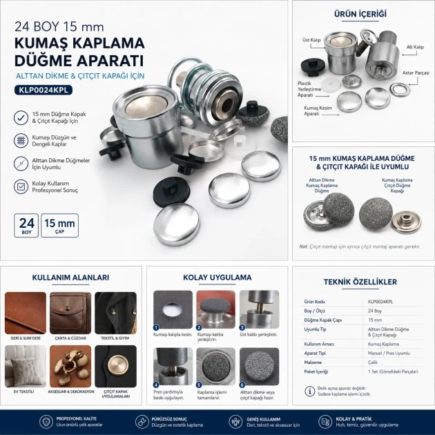 24L 15 mm 0.59 in Fabric Button Covering Die for Shank Buttons and Snap Caps, KLP0024KPL - Ideal tool for professional