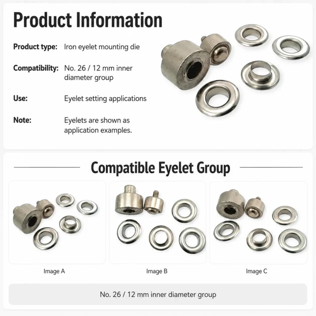 Eyelet Setting Die for 12 mm / 0.47 in Inner Diameter Eyelets KLP0026 made of durable metal for professional grommet