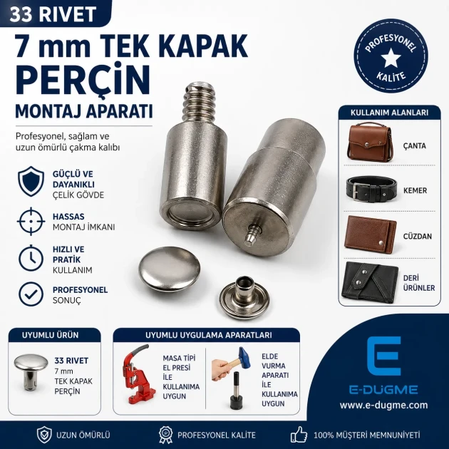 33.5 Double Cap Rivet Setting Tool 9 mm (0.35") for Hand Press and Hand Hammer Use