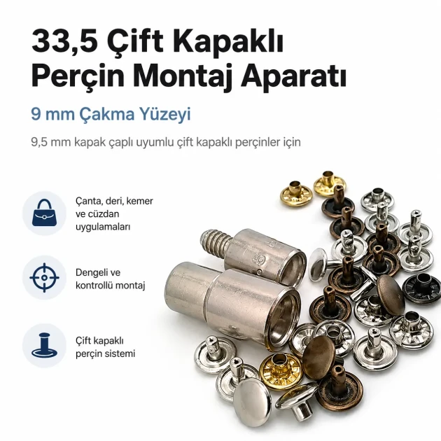 33.5 Double Cap Rivet Setting Die for 9.5 mm / 0.37 in Cap Rivets - Metal Tool for Secure Installation in Bags and Textile
