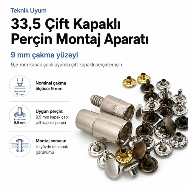 33.5 Double Cap Rivet Setting Die for 9.5 mm / 0.37 in Cap Rivets - Metal Tool for Secure Installation in Bags and Textile