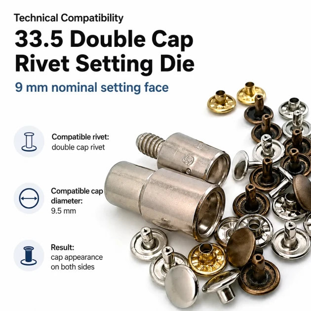 33.5 Double Cap Rivet Setting Die for 9.5 mm / 0.37 in Cap Rivets - Metal Tool for Secure Installation in Bags and Textile