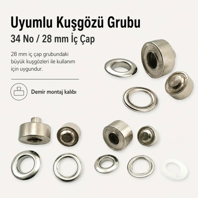 34 No Kuşgözü Kalıbı - 28 mm Kuşgözü Çakma Aparatı, metal malzeme ile deri, kumaş ve branda gibi malzemelerde kuşgözü