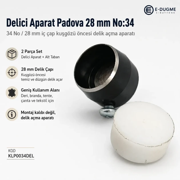 Eyelet Drilling Die 28 mm / 1.10 in KLP0034DEL for precise grommet mounting in textile products, bags, and shoes