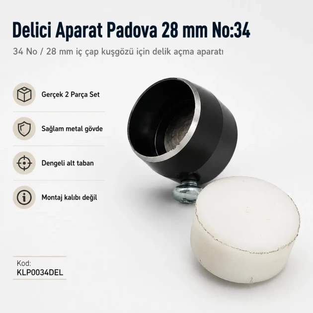 Eyelet Drilling Die 28 mm / 1.10 in KLP0034DEL for precise grommet mounting in textile products, bags, and shoes