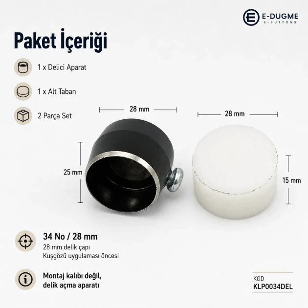 Eyelet Drilling Die 28 mm / 1.10 in KLP0034DEL for precise grommet mounting in textile products, bags, and shoes