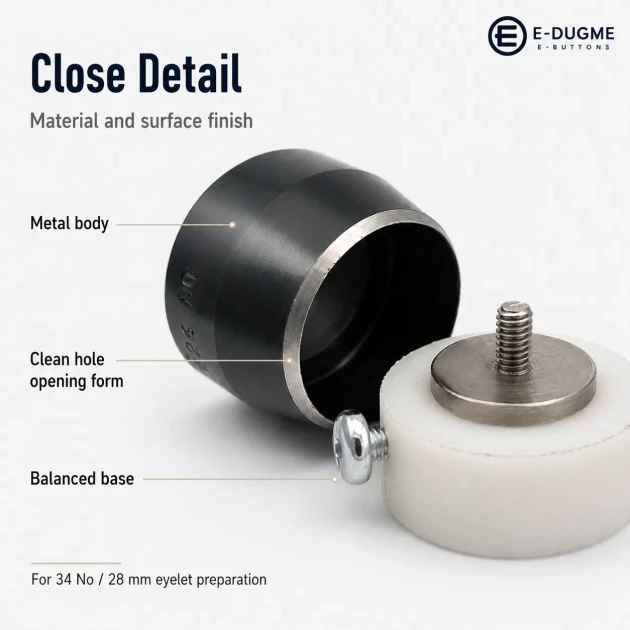Eyelet Drilling Die 28 mm / 1.10 in KLP0034DEL for precise grommet mounting in textile products, bags, and shoes