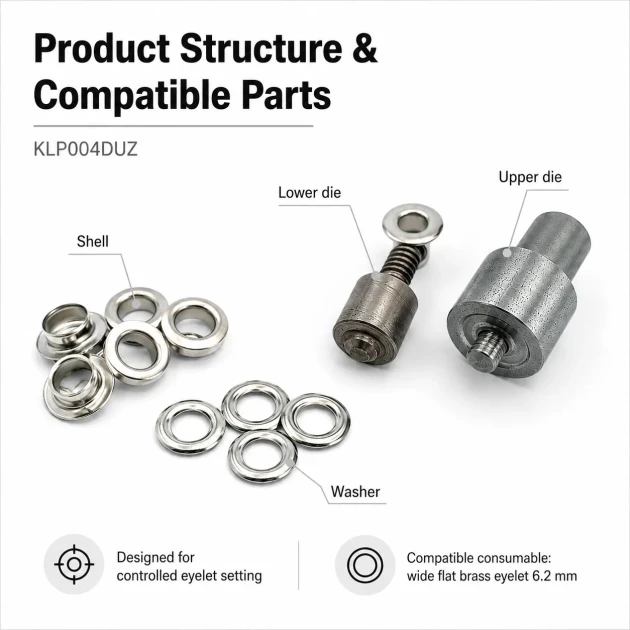 Wide Flat Brass Eyelet Setting Die for 6.2 mm / 0.24 in Eyelets, suitable for grommet applications with dimensions 13 mm /