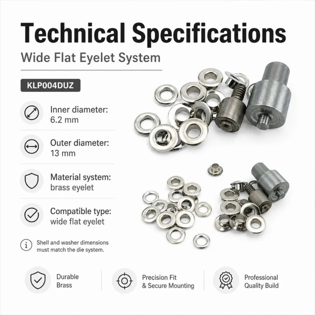 Wide Flat Brass Eyelet Setting Die for 6.2 mm / 0.24 in Eyelets, suitable for grommet applications with dimensions 13 mm /