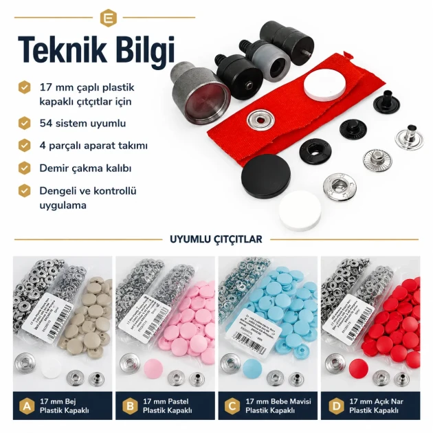 Snap Button Setting Die for 17 mm / 0.67 in Plastic Cap 54 System Snap Buttons, durable metal construction for reliable