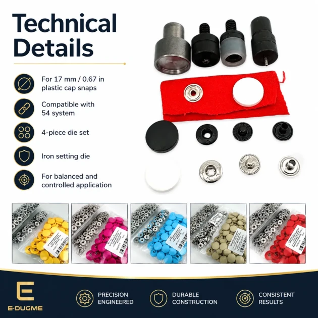 Snap Button Setting Die for 17 mm / 0.67 in Plastic Cap 54 System Snap Buttons, durable metal construction for reliable