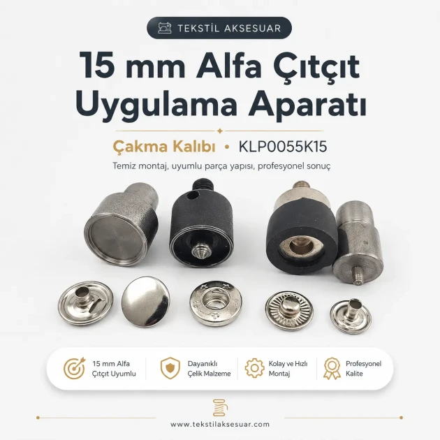 15 mm Alpha Snap Button Application Die Setting Tool for large snap button installation, compatible with hand press and