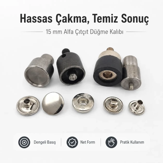 15 mm Alpha Snap Button Application Die Setting Tool for large snap button installation, compatible with hand press and