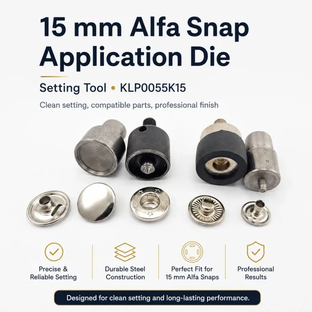 15 mm Alpha Snap Button Application Die Setting Tool for large snap button installation, compatible with hand press and