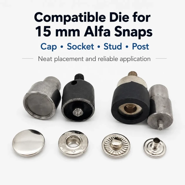 15 mm Alpha Snap Button Application Die Setting Tool for large snap button installation, compatible with hand press and