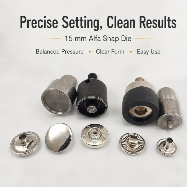 15 mm Alpha Snap Button Application Die Setting Tool for large snap button installation, compatible with hand press and