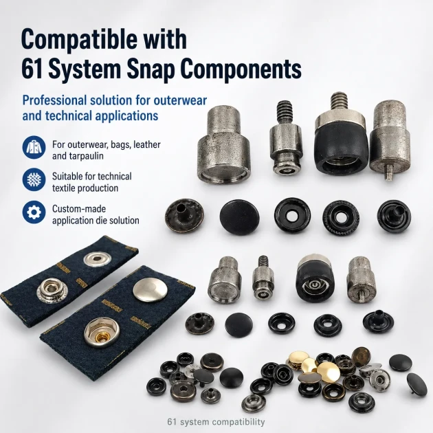 Custom 61 System Snap Button Setting Die for Product-Specific Production, includes upper and lower molds for precise